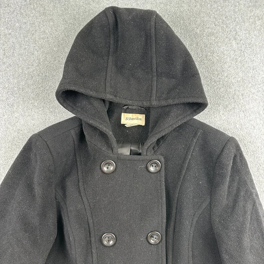 St Johns Bay Pea Coat Womens Medium Black Wool Cashmere Blend Hooded Jacket
